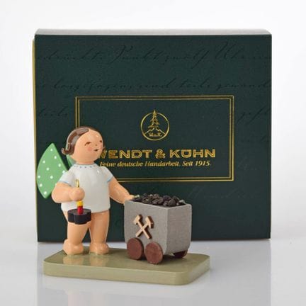 Wendt &amp; Kühn，格吕恩海尼兴，立式雕像：一位手持矿灯的棕发天使，配有青蛙和装满煤的