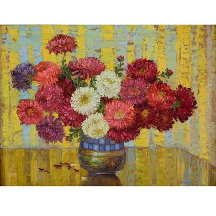 Huile sur carton à peindre, « BOUQUET DE DAHLIAS D