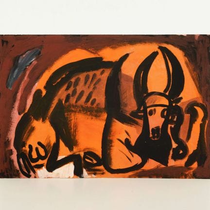 Gouache sur papier rougeâtre, « BUFFLON COUCHÉ » (