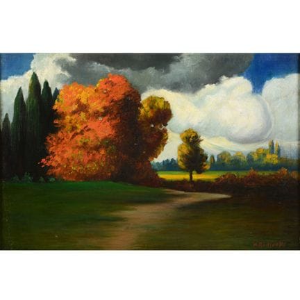 Huile sur toile, PAYSAGE D'AUTOMNE : sous un ciel 