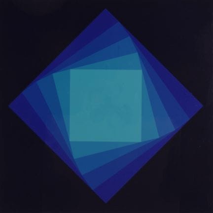 手工纸上的彩色丝网印刷作品，《BLUE TURN》（1971），作品下方以铅笔签名并标注日期 (19