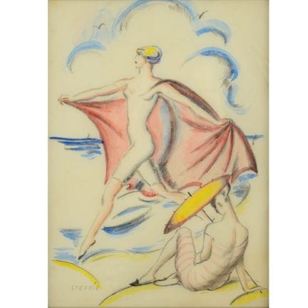 Aquarelle et craie sur papier, SCÈNE DE PLAGE, des