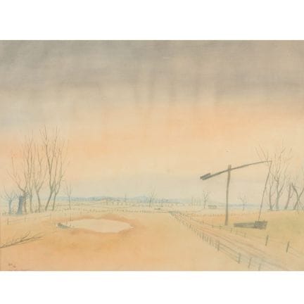 Large-format watercolor, WINTER LANDSCAPE WITH FOU