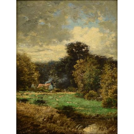 Huile sur bois, PAYSAGE RIVERAIN AVEC MAISON, grav