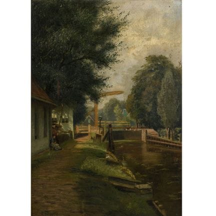 Huile sur papier, monté sur carton, « À L'ÉCLUSE D
