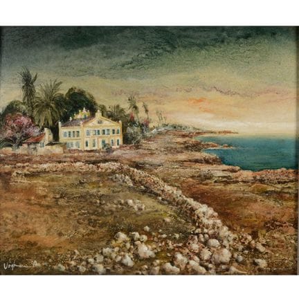 Huile sur panneau dur, PAYSAGE AVEC MAISON (1990),
