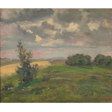 Huile sur carton, PAYSAGE D'ÉTÉ SOUS UN CIEL ORage