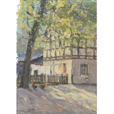 Huile sur panneau dur, VUE SUR UNE FERME À POUTRES
