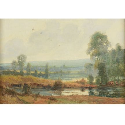 Huile sur panneau dur, PAYSAGE LACUSTRE, signé en 