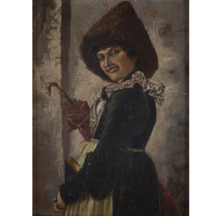 Huile sur carton à peindre, FILLE AU PARAPLUIE ROU