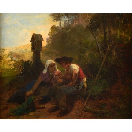 Huile sur toile, montée sur bois, « COUPLE AU REPO