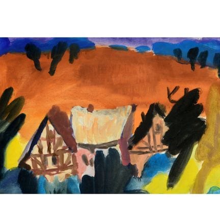 水粉画，画纸，作品名为《田野边缘的房屋》，未署名，背面有遗产印章和编号，装裱于浅灰色裱框内并覆有玻璃