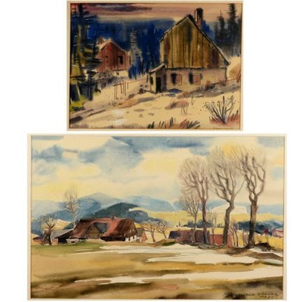 1 aquarelle sur plomb, « VUE DE VILLAGE AU DÉBUT D
