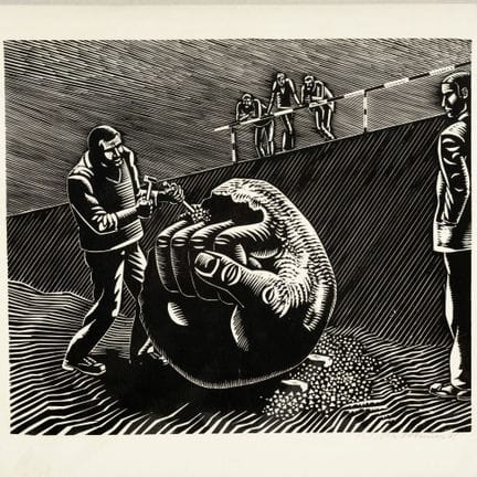 Gravure sur bois sur papier, « SISYPHOS BEHAUT DEN
