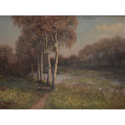 Huile sur toile, PAYSAGE AU BORD DE L'EAU AVEC DES