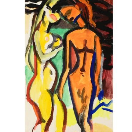 Gouache sur papier, « COUPLE SE BAIGNANT » (années