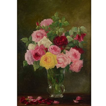 Huile sur carton à dessin, BOUQUET DE ROSES COLORÉ