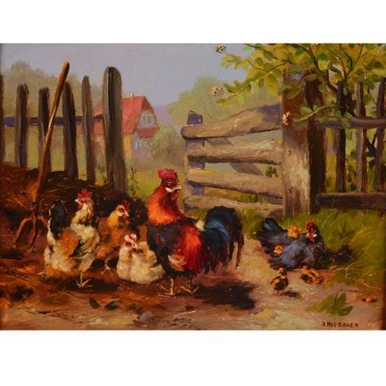 Huile sur bois, « HÜHNERHOF », signée en bas à dro