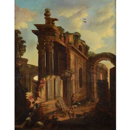 Huile sur toile, PAYSAGE DE RUINES, scène de ruine