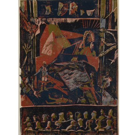 linogravure en couleur, FAUST (1983), vue de la sa
