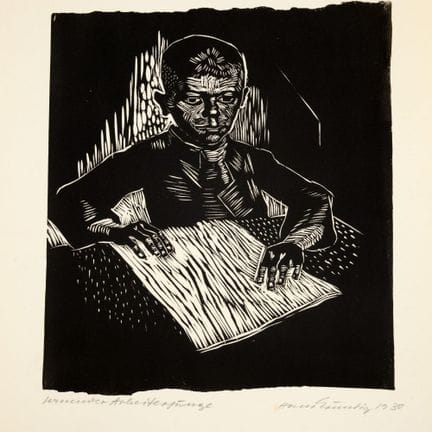 Woodcut, *LEARNING WORKER BOY* (1930), signed, dat