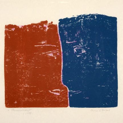Linogravure en rouge et bleu sur fond violet, « FR