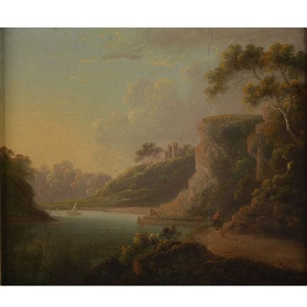 Huile sur bois, PAYSAGE FLUVIAL ROMANTIQUE, scène 
