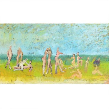 胶合板油画， 《沐浴者》，阳光普照的海滩风景画，其中描绘了浪漫场景，画作背面有签名、题名及1992-