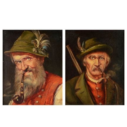 Huile sur bois, deux portraits d'hommes, « CHASSEU