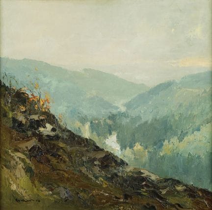Huile sur panneau dur, PAYSAGE DES MONTAGNES DE L'