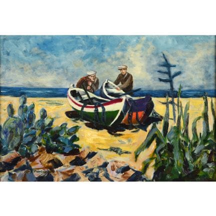 布面油画，达尔斯-菲舍尔（1954），一幅夏日海滩风景画，画中有两名渔夫站在自己的船边，左下角有签名