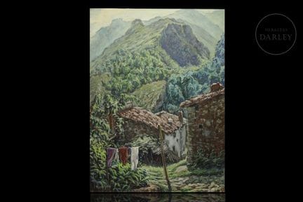 Ölgemälde auf Leinwand, das eine ländliche Ecke mi
