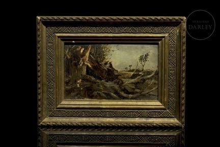 Olio su tavola con soggetto paesaggistico che raff