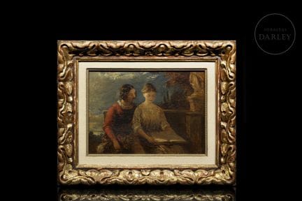 Olio su tela dall’atmosfera romantica che raffigur