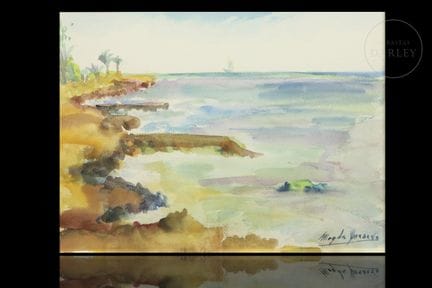 Acuarela sobre papel. Vista costera mediterránea d