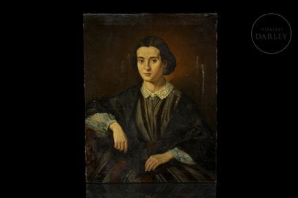 Olio su tela raffigurante, a mezzo busto, una dama