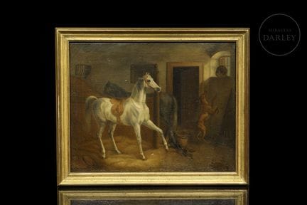 Scena equestre e faunistica a olio su tela che raf