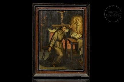 Olio su rame; accurata scena devozionale che raffi