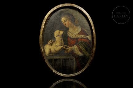 Olio su tela incollata su tavola. La giovane santa