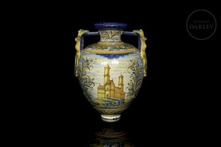 Polychrome, kugelförmige Amphore in Blau und Gelb,