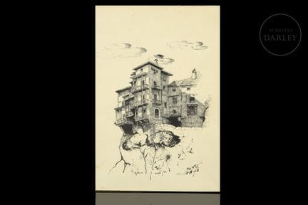 Dibujo a plumilla sobre papel que representa una v