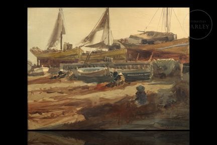 水彩画，纸本。这幅海景画描绘了海滩上的船坞场景，巨大的渔船停靠在沙滩上，渔民们正在修补渔网。右下角署