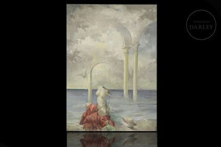 Öl auf Holz; eine stimmungsvolle surrealistische S