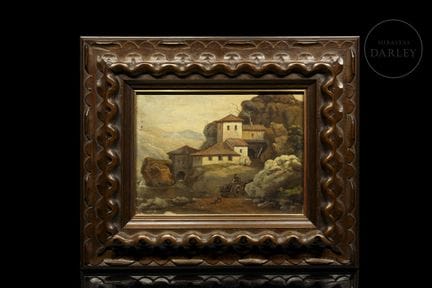 Olio su tela. Scena campestre in stile classicista