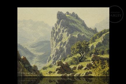 Öl auf Leinwand. Realistisch gestaltete Berglandsc