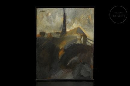Öl auf Leinwand. Synthetische Pariser Stadtansicht