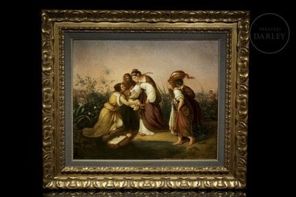 Olio su tela incollata su tavola. Accurata scena b