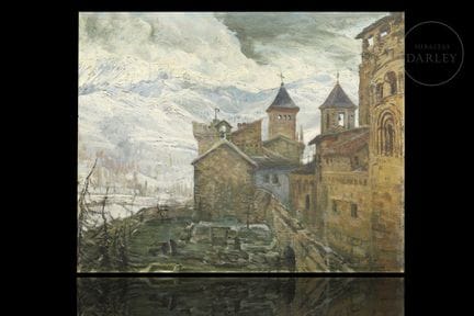 Öl auf Leinwand. Monumentale Landschaft, die einen
