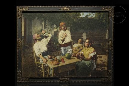 Olio su tela. Ampia composizione costumbrista dell