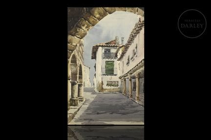 Acuarela sobre papel que enmarca una calle de pueb